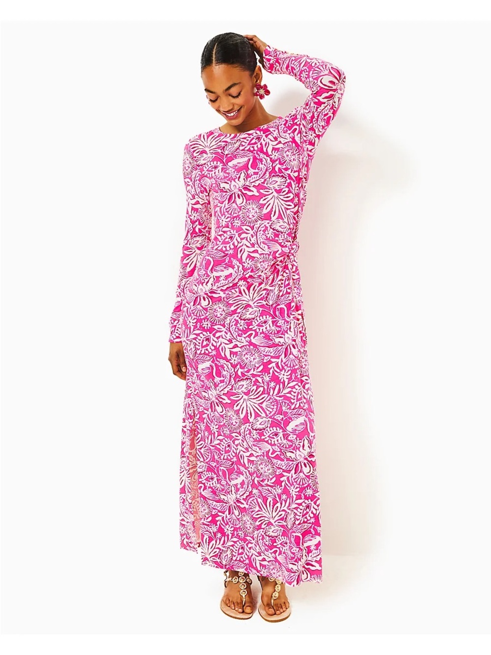 Lilly Pulitzer BRYSON LONG SLEEVE MAXI DRESS, PASSION FRUIT PINK ABSOLUTELY FLAM